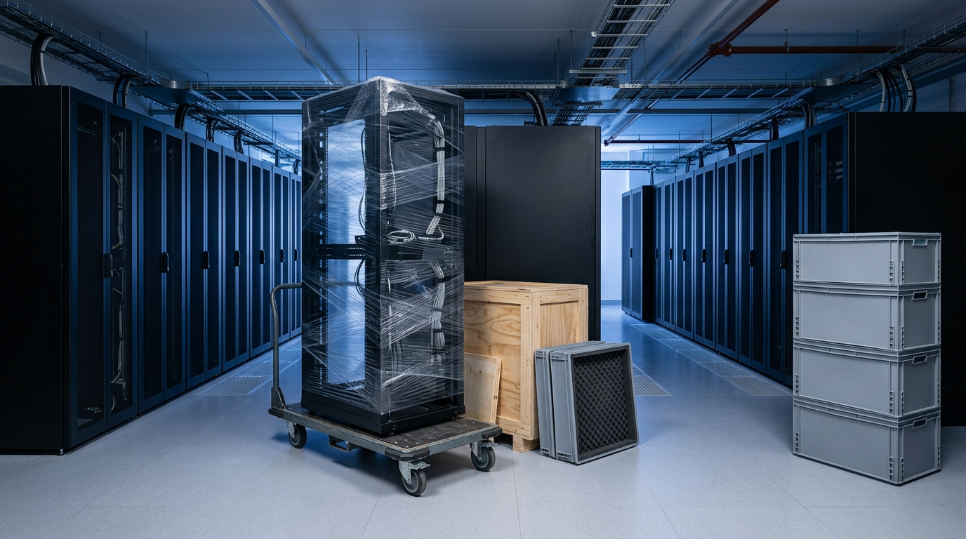 A single relocation crew in matching navy uniforms moving a shrink-wrapped, labeled server rack down a data center aisle while a coordinator checks items off a clipboard